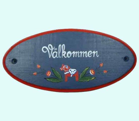 Oval sign, Välkommen, blue w/ Dalahorse