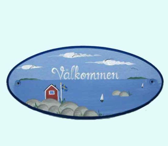 Oval sign, Välkommen, coast