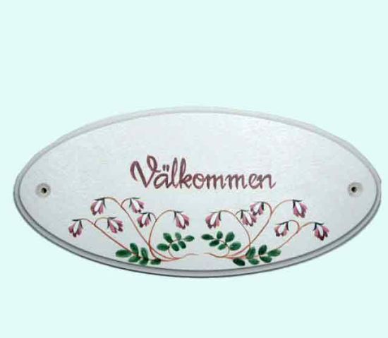 Oval sign, Välkommen, white w/ Linnea