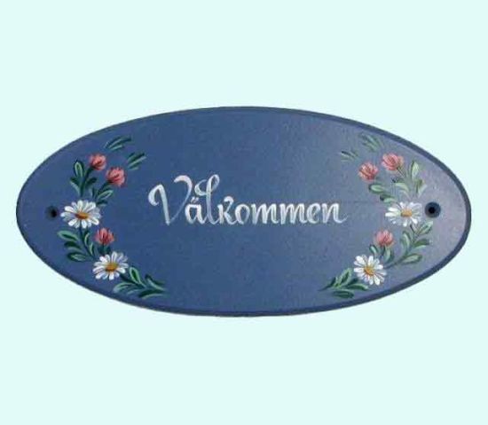 Oval sign, Välkommen, blue w/ daisy