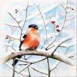 Napkin L, bullfinch on snowy branch