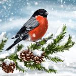 Napkin L, bullfinch on snowy pine