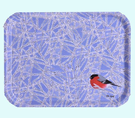 Tray S, bullfinch on snowy branches, blue