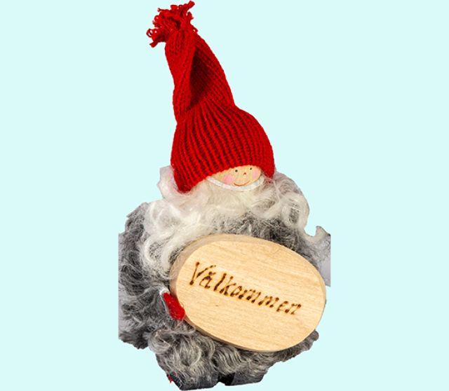 Tomte w/ Välkommen sign, red hat