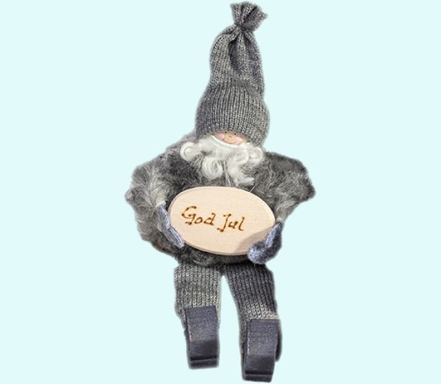 Tomte sitting w/God Jul sign, grey hat