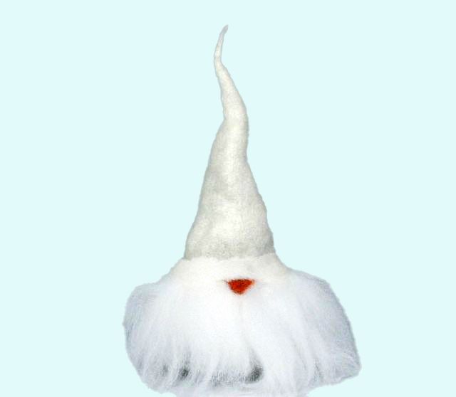 Tomte w/ beard & white hat, 8", wool