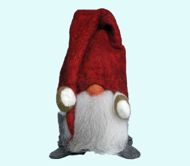 Tomte w/ mittens & red cap, 9", wool