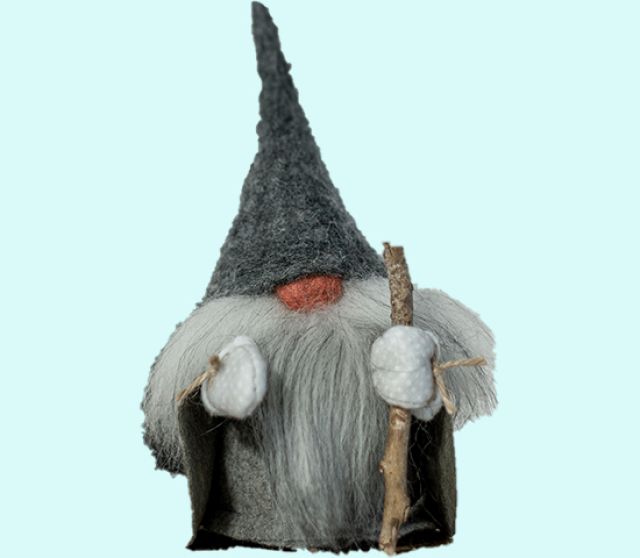 Tomte w/ cane, cape & grey hat, 8", wool