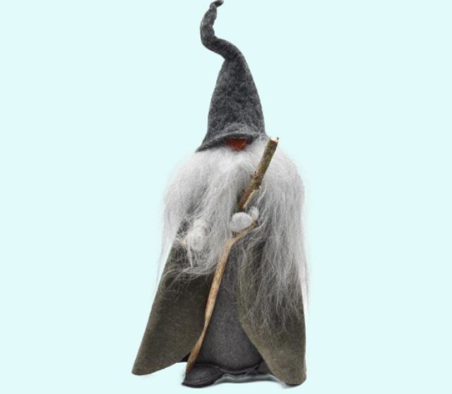 Tomte w/ cane, cape & grey hat, 18", wool