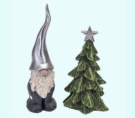 Tomte w/ silver hat & Christmas tree, 3 1/4"