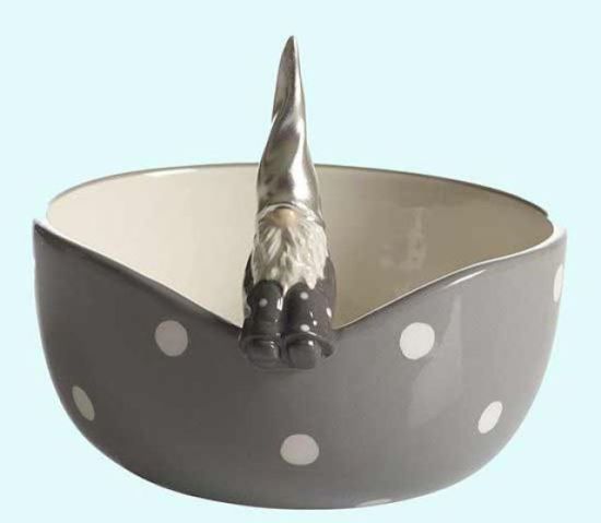 Bowl w/ sitting Tomte w/silver hat, 4 1/2"