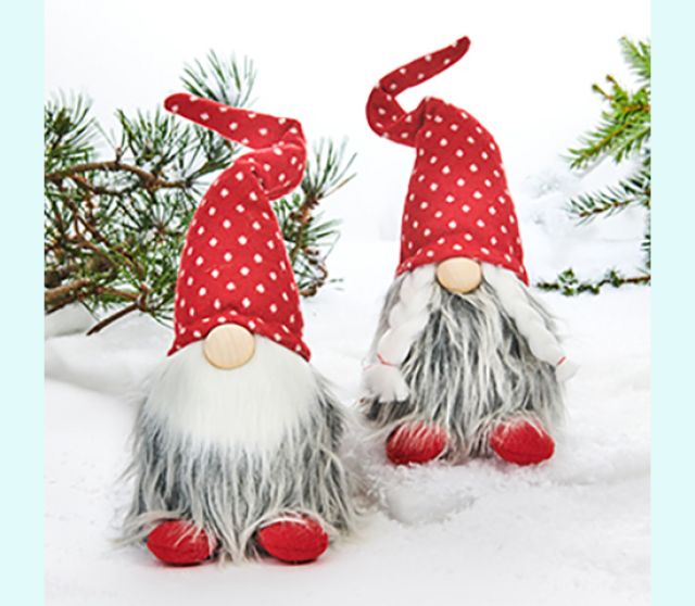 Tomte couple 14", grey w/red polka-dot hat