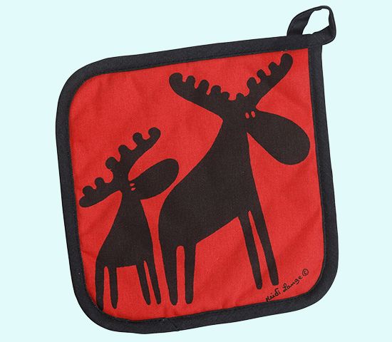 Potholder, Mama Moose and calf, red