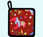 Potholder, red w/ Dalahorses