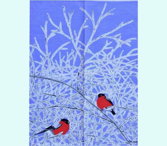 Towel 18" x 25", bullfinch on snowy branches