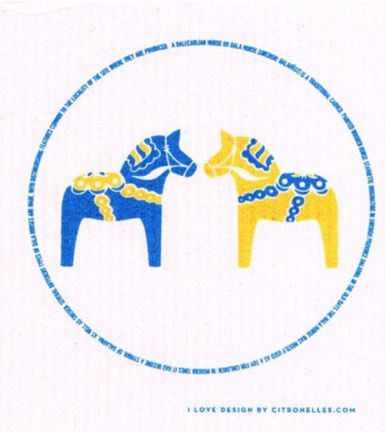 Dishcloth, two Dalahorses blue / yellow