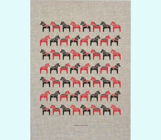 Towel 20 x 28, Dalahorses red/black, linen