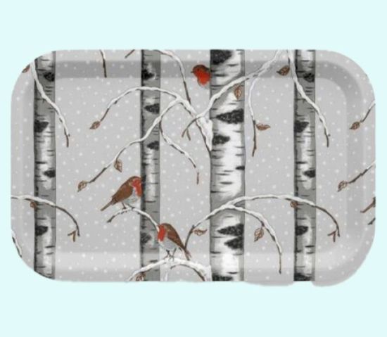 Tray 8 x 13", birch winter grove w/bullfinch