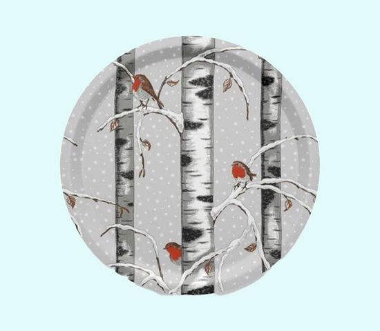 Tray 12", birch winter grove w/bullfinch