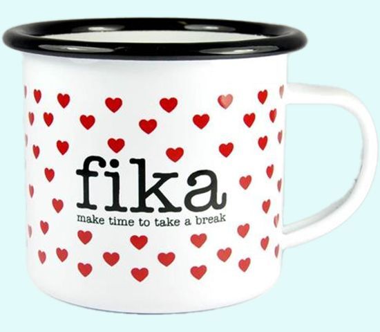 Mug, enamel, Fika make time to.. red hearts