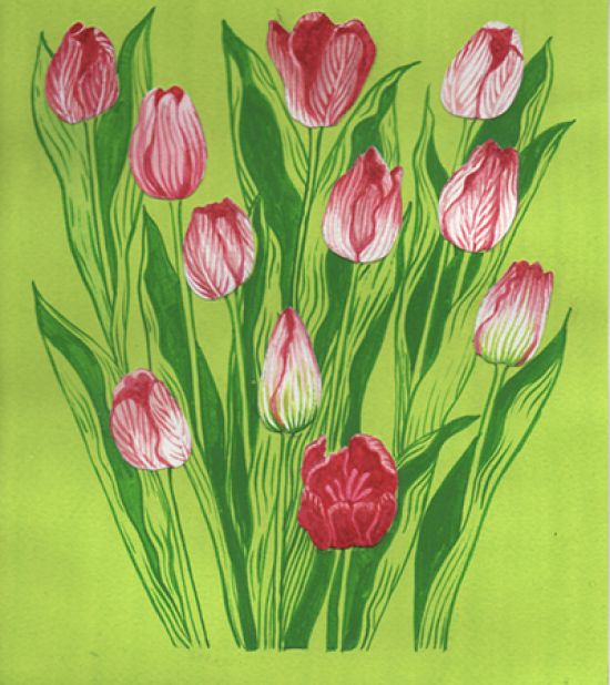 Dishcloth, tulips on green