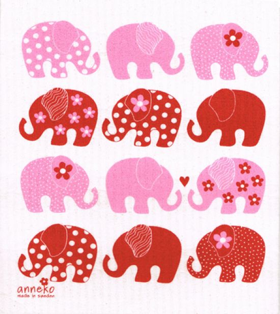 Dishcloth, red / pink elephants