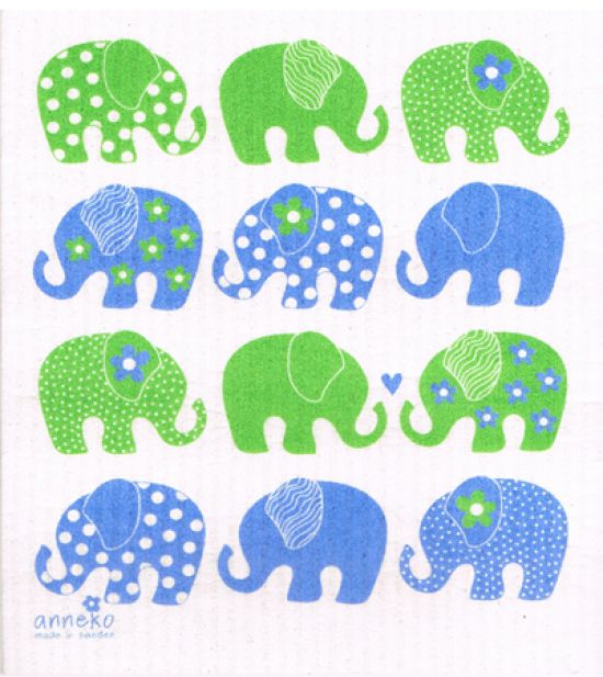 Dishcloth, blue / green elephants