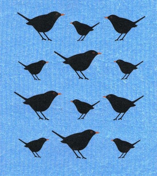 Dishcloth, blackbird on blue