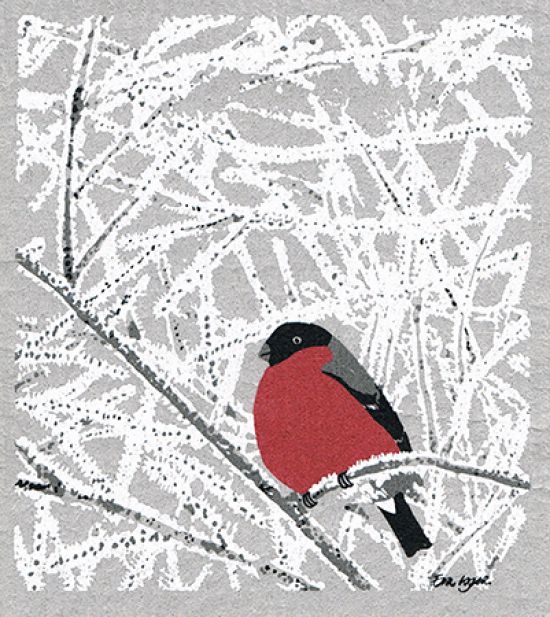 Dishcloth, bullfinch on snowy branch, grey