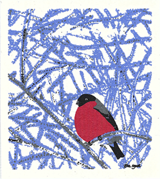 Dishcloth, bullfinch on snowy branch, frost