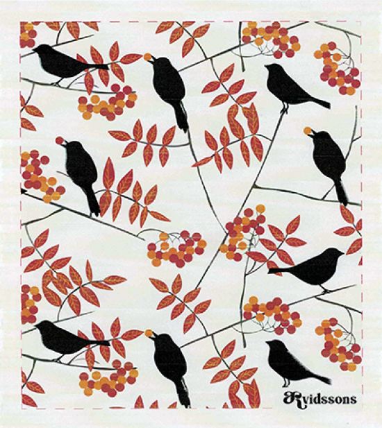 Dishcloth, thrush bird in rowanberry tree