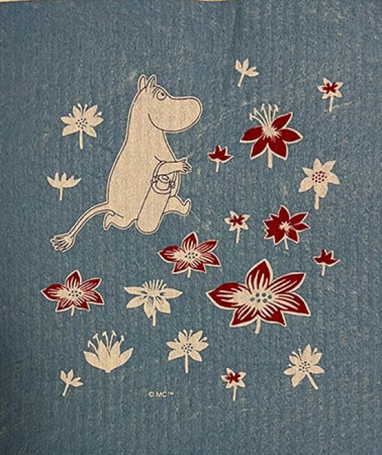 Dishcloth, Moomin w/bottle & flowers, blue