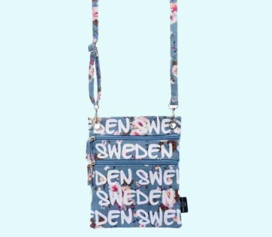 Passport bag Sweden, blue w/ flowers