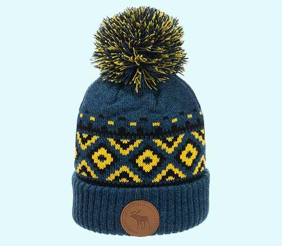 Winter hat beanie leather stamp, blue / yellow